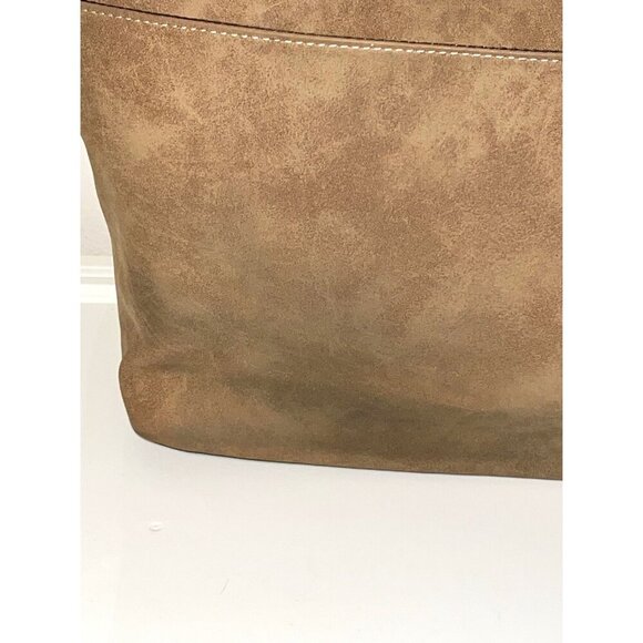 BOC Brown Faux Leather Double Handles Top Zipper Stitched Tote Bag - Picture 7 of 16